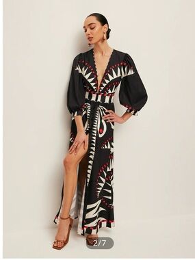 Boho Print V Neck Split Dress - SIZE L